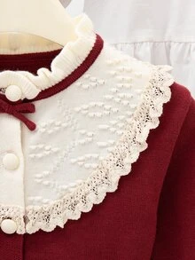 Souflis Baby Outfit Set Girls Long Sleeve Cardigan Set Peter Pan Collar Lace Trim Burgundy And Cream - Red - View 6