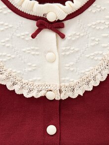 Souflis Baby Outfit Set Girls Long Sleeve Cardigan Set Peter Pan Collar Lace Trim Burgundy And Cream - Red - View 4