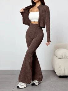 Dewbera Dewbera Conjunto de top corto deportivo con cremallera sin costuras y mallas deportivas de cintura alta para mujer - Marrón - Ver 5