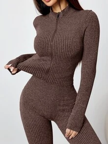 Dewbera Dewbera Conjunto de top corto deportivo con cremallera sin costuras y mallas deportivas de cintura alta para mujer - Marrón - Ver 4