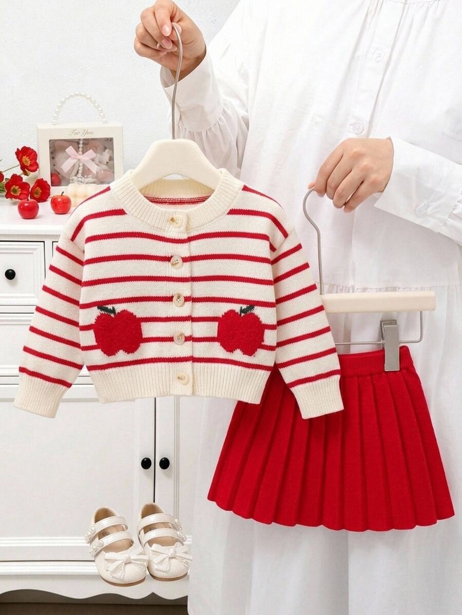 SHEIN Baby Girl Hand-Knitted Bow Cardigan, Beige Red Sweet Style Vintage Set, Cute Apple Embroidery, Soft And Comfortable Fabric, Matching Family Autumn - Red - View 1