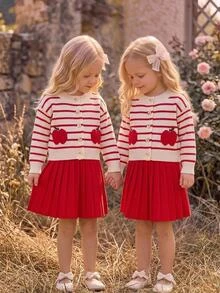 SHEIN Baby Girl Hand-Knitted Bow Cardigan, Beige Red Sweet Style Vintage Set, Cute Apple Embroidery, Soft And Comfortable Fabric, Matching Family Autumn - Red - View 8