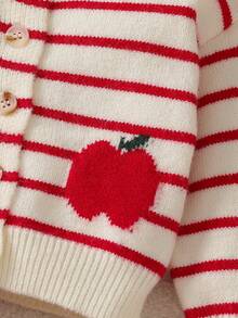 SHEIN Baby Girl Hand-Knitted Bow Cardigan, Beige Red Sweet Style Vintage Set, Cute Apple Embroidery, Soft And Comfortable Fabric, Matching Family Autumn - Red - View 7