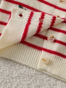 SHEIN Baby Girl Hand-Knitted Bow Cardigan, Beige Red Sweet Style Vintage Set, Cute Apple Embroidery, Soft And Comfortable Fabric, Matching Family Autumn - Red - View 11