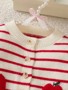 SHEIN Baby Girl Hand-Knitted Bow Cardigan, Beige Red Sweet Style Vintage Set, Cute Apple Embroidery, Soft And Comfortable Fabric, Matching Family Autumn - Red - View 3