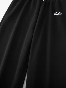 SHEIN Teen Casual Baggy All-Match Versatile Street Straight Wide Leg Color Block Patchwork Double Waist Design Thermal Lined Sweatpants Fall Black - Black - View 6