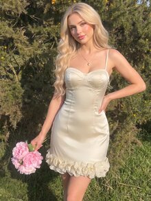SHEIN MOD Women Plain Spaghetti Strap Ruffle Hem Mini Dress Sexy Sweetheart Neckline Sleeveless Short Slip Dress Cream Color,Lingerie Dress,Elegant - Apricot - View 6