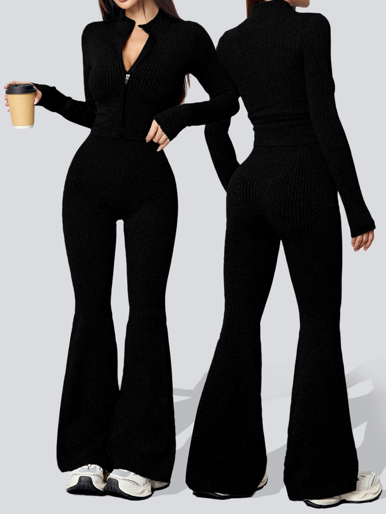 Dewbera Dewbera Women's Seamless Yoga Sports Zip-Up Crop Top And High Waist Sports Leggings Set Black 2 Piece Set Flared Leggings Set - Black - View 1
