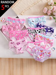 SHEIN 5pcs Random Young Girls Underwear, Cute Print Unicorn Rainbow Panda Cow Bow, Baby Pink, Contrast Color Ribbon, Fall First Birthday Purple Gift - Multicolor - View 3