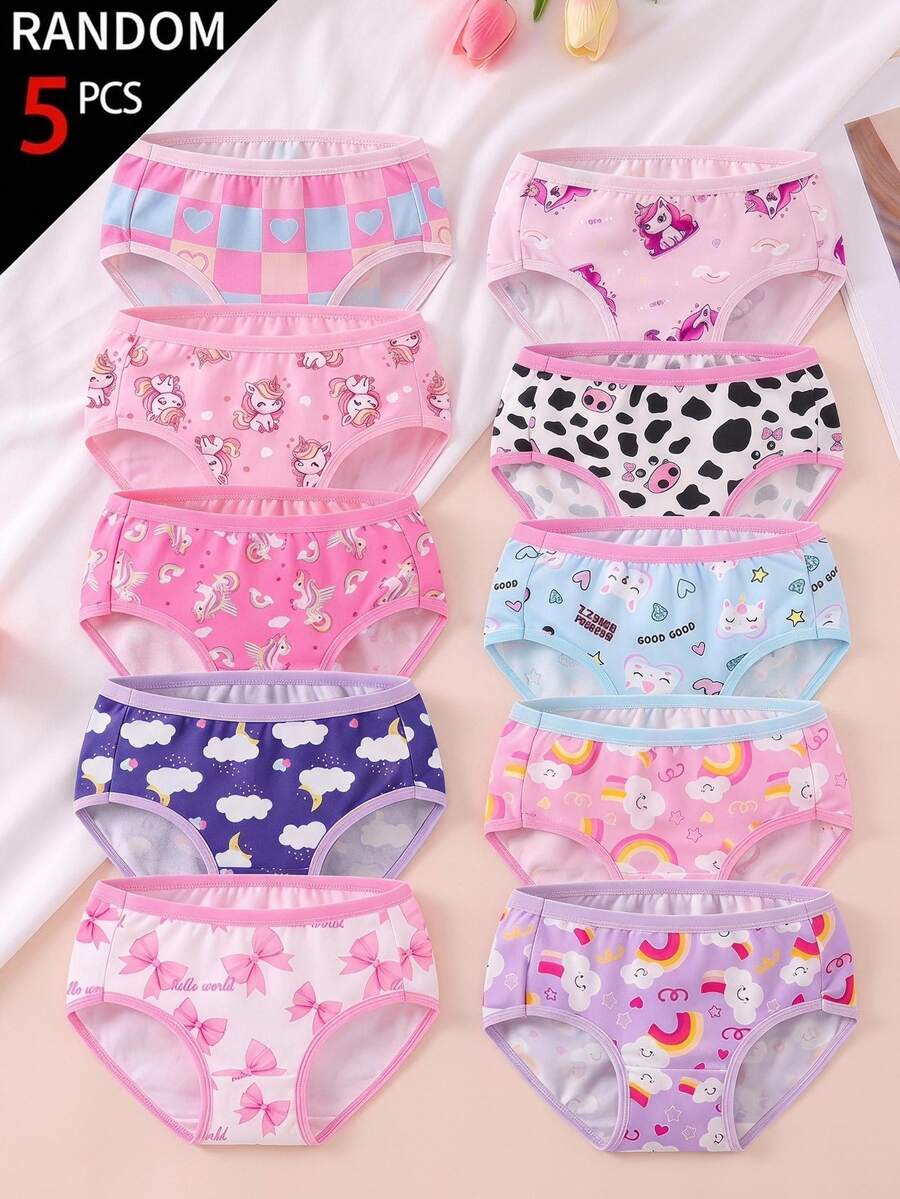 SHEIN 5pcs Random Girls Toddler Underwear, Cute Print Unicorn Rainbow Panda Cow Bow, Baby Pink, Contrast Color Ribbon, Winter First Birthday White Baby Blue - Multicolor - View 1