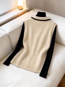 LUMIGAL Women's Striped Colorblock Button Knit Vest Cardigan - Apricot - View 2