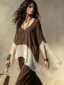 SHEIN New Women's Colorblock Patchwork Versatile Slimming Loose Fit Shirt Vacation Shades Of Brown Autumn Casual Boho - Brown - View 5