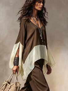 SHEIN New Women's Colorblock Patchwork Versatile Slimming Loose Fit Shirt Vacation Shades Of Brown Autumn Casual Boho - Brown - View 3