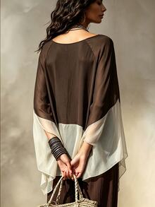 SHEIN New Women's Colorblock Patchwork Versatile Slimming Loose Fit Shirt Vacation Shades Of Brown Autumn Casual Boho - Brown - View 2