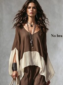 SHEIN New Women's Colorblock Patchwork Versatile Slimming Loose Fit Shirt Vacation Shades Of Brown Autumn Casual Boho - Brown - View 1