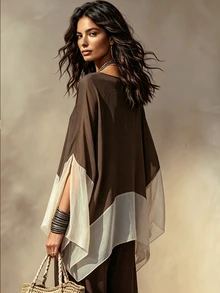 SHEIN New Women's Colorblock Patchwork Versatile Slimming Loose Fit Shirt Vacation Shades Of Brown Autumn Casual Boho - Brown - View 4