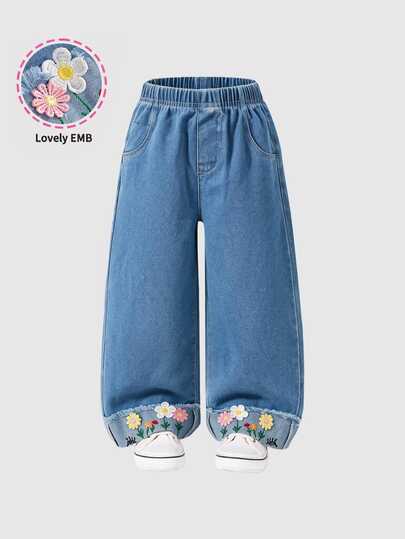 Girls' Casual Minimalist Fashion Holiday Vacation Outdoor Play Commute Party School Comfortable Denim Embroidered Floral Pattern Elastic Waist Blue Washed Denim Jeans Versatile Back To School All Season Long Pants