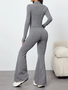 Dewbera Dewbera 女士无缝瑜伽运动拉链短款上衣和高腰运动紧身裤套装 - 灰色 - 查看 3