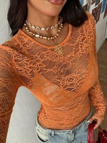 StreetHx Women's Black Lace Top - Burnt Orange - View 4