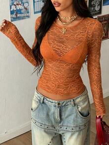 StreetHx Women's Black Lace Top - Burnt Orange - View 3