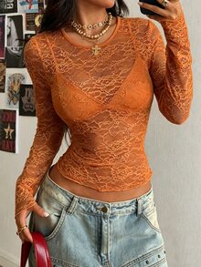 StreetHx Women's Black Lace Top - Burnt Orange - View 6