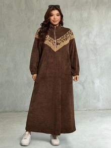 SHEIN LUNE Plus Size Fuzzy Comfortable Leopard Print Zipper Half-Button Dress - Coffee Brown - View 5