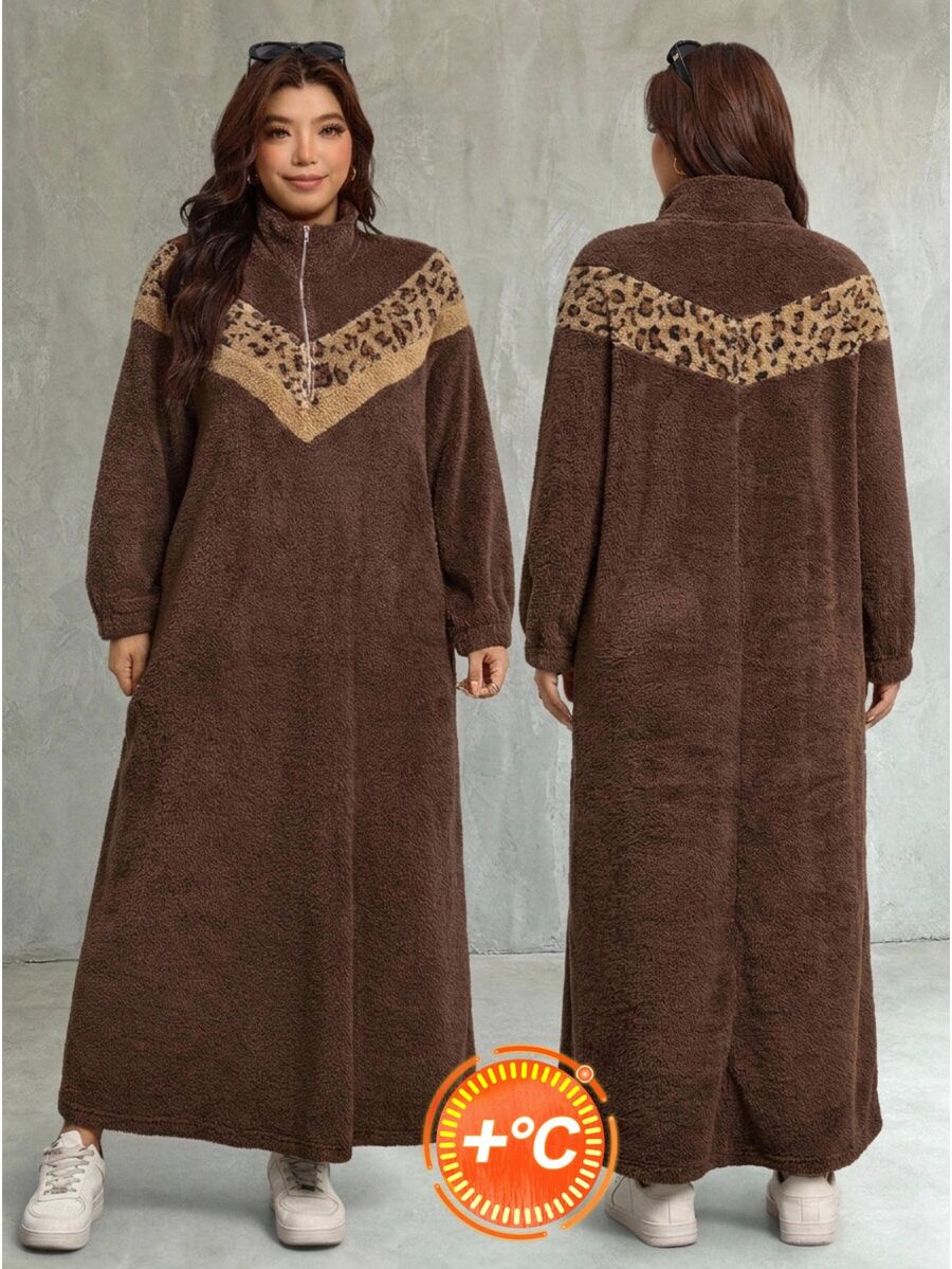 SHEIN LUNE Plus Size Fuzzy Comfortable Leopard Print Zipper Half-Button Dress - Coffee Brown - View 1