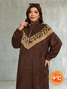 SHEIN LUNE Plus Size Fuzzy Comfortable Leopard Print Zipper Half-Button Dress - Coffee Brown - View 2