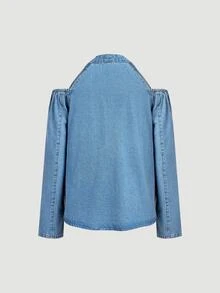 Everyssa Women's Off-Shoulder Long Sleeve Fashion Halter Neck Denim Top - Blue - View 6