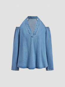 Everyssa Women's Off-Shoulder Long Sleeve Fashion Halter Neck Denim Top - Blue - View 5