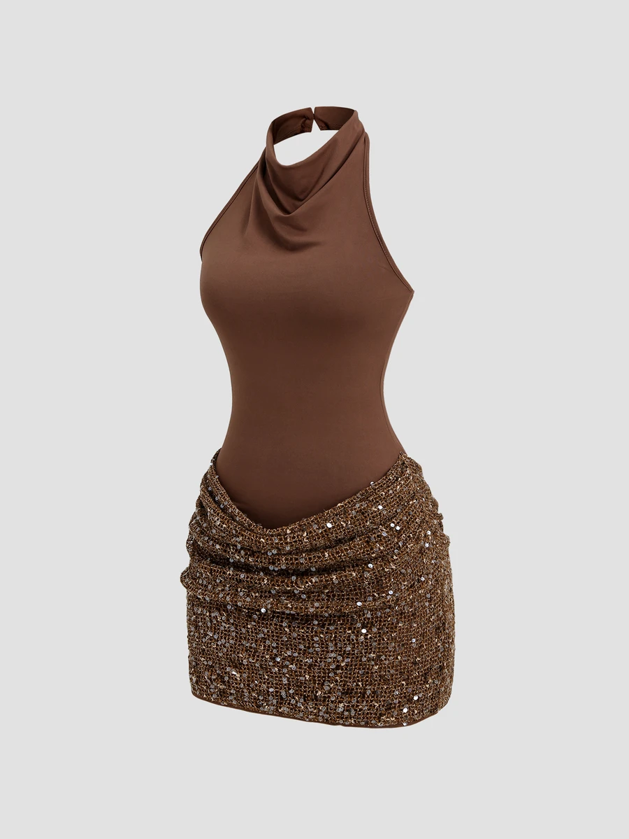 Sweetra Women's New Spring Autumn Winter Draped Neck Dress With Scalloped Neckline, Sequin Patchwork Design, Sleeveless Fitted Mini Dress With Open Back, Summer Fashion Party And Banquet Outfit - Brown - View 1