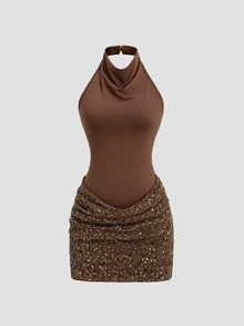 Sweetra Women's New Spring Autumn Winter Draped Neck Dress With Scalloped Neckline, Sequin Patchwork Design, Sleeveless Fitted Mini Dress With Open Back, Summer Fashion Party And Banquet Outfit - Brown - View 3
