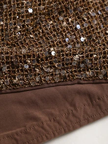 Sweetra Women's New Spring Autumn Winter Draped Neck Dress With Scalloped Neckline, Sequin Patchwork Design, Sleeveless Fitted Mini Dress With Open Back, Summer Fashion Party And Banquet Outfit - Brown - View 4