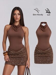 Sweetra Women's New Spring Autumn Winter Draped Neck Dress With Scalloped Neckline, Sequin Patchwork Design, Sleeveless Fitted Mini Dress With Open Back, Summer Fashion Party And Banquet Outfit - Brown - View 8