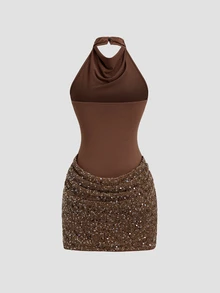 Sweetra Women's New Spring Autumn Winter Draped Neck Dress With Scalloped Neckline, Sequin Patchwork Design, Sleeveless Fitted Mini Dress With Open Back, Summer Fashion Party And Banquet Outfit - Brown - View 2