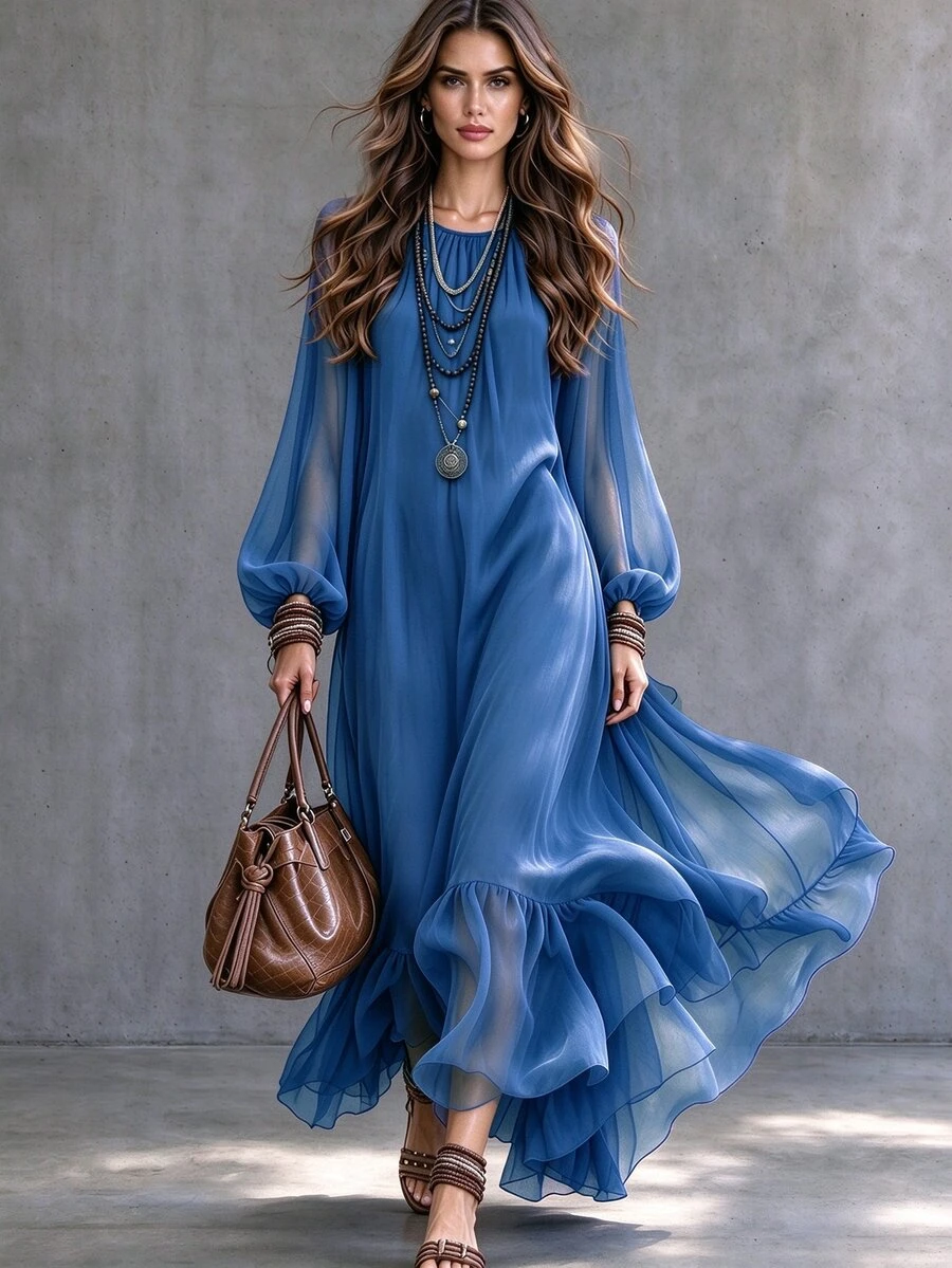 Trelyra Basic H-Line Chiffon Dress Featuring A Round Neck Puff Sleeves And A Ruffled Hem Festival Outfits Brunch Civil Photoshoot Elegant Vacation Fairy Dress
