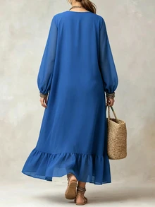 Trelyra Basic H-Line Chiffon Dress Featuring A Round Neck Puff Sleeves And A Ruffled Hem Festival Outfits Brunch Civil Photoshoot Elegant Vacation Fairy Dress - Blue - View 3