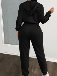 VaVaBold Solid Color Hooded Zip-Up Jumpsuit, Casual Versatile Long Sleeve Fall Cloth For Women - Black - View 2