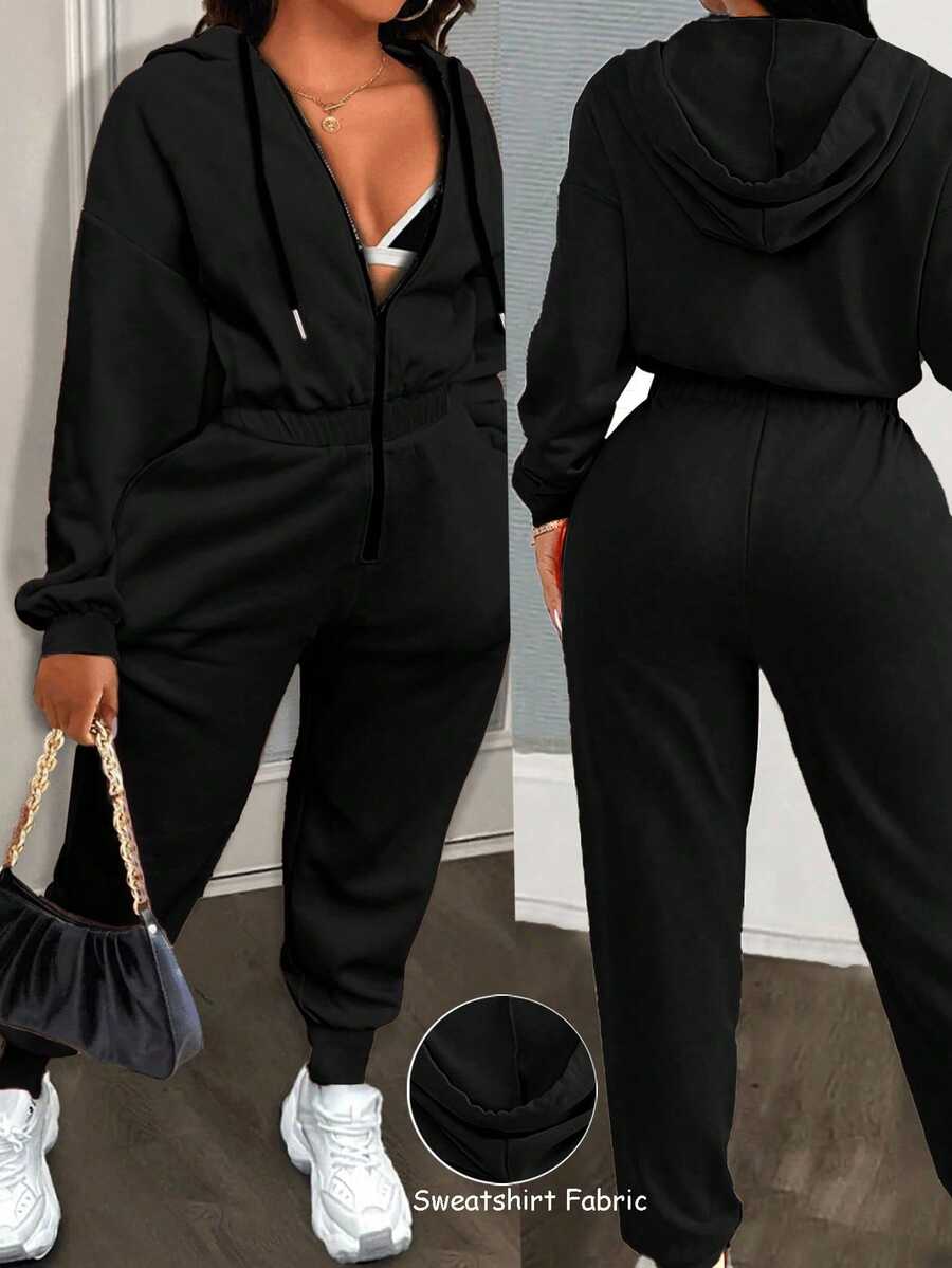 VaVaBold Solid Color Hooded Zip-Up Jumpsuit, Casual Versatile Long Sleeve Fall Cloth For Women - Black - View 1