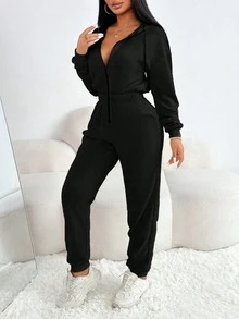 VaVaBold Solid Color Hooded Zip-Up Jumpsuit, Casual Versatile Long Sleeve Fall Cloth For Women - Black - View 4