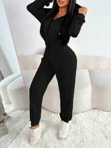 VaVaBold Solid Color Hooded Zip-Up Jumpsuit, Casual Versatile Long Sleeve Fall Cloth For Women - Black - View 3