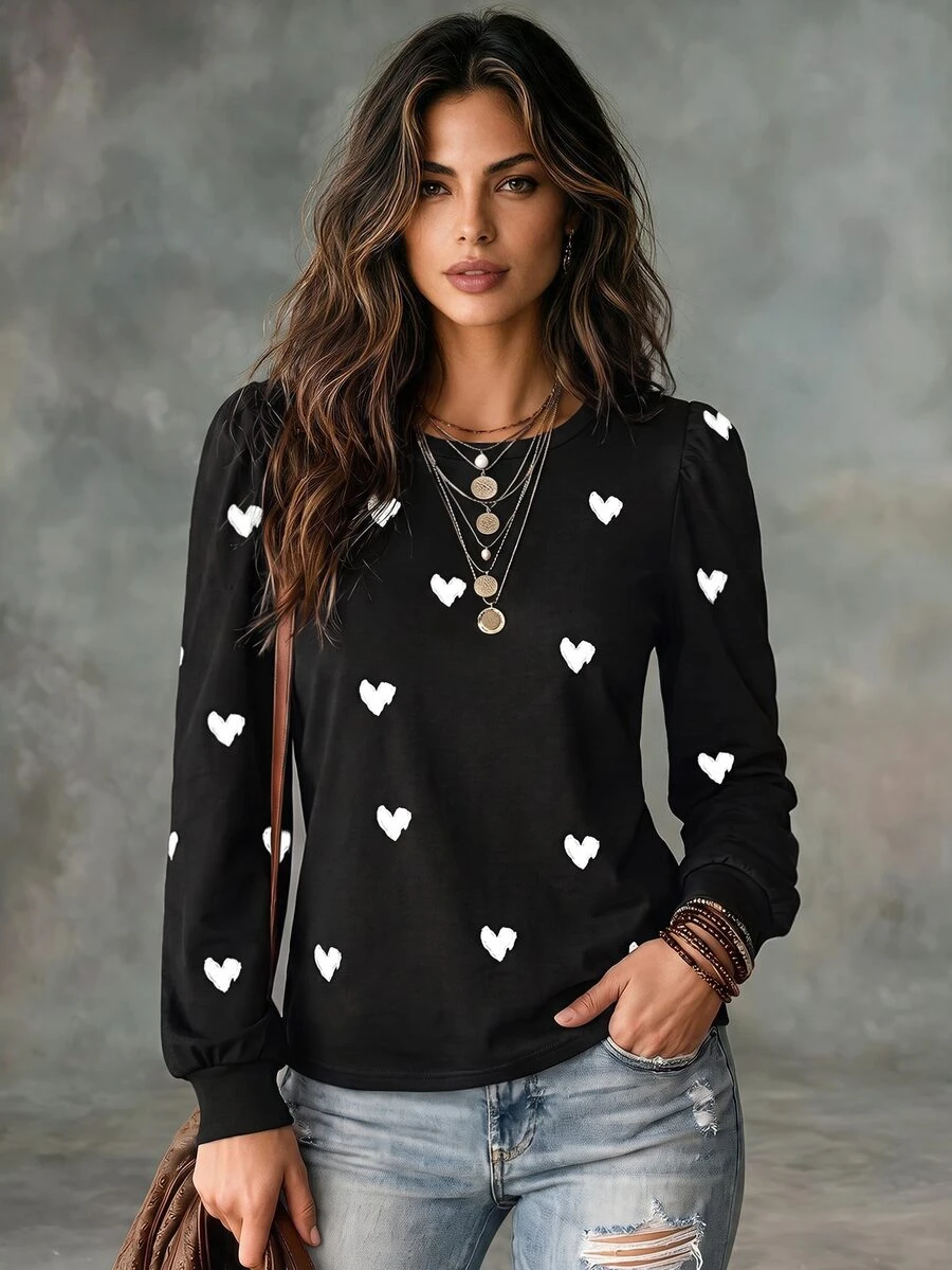 Glimmora Fashion Casual Retro Black Base White Heart Print Pattern Basic Round Neck Puff Long Sleeve T-Shirt - Multicolor - View 1
