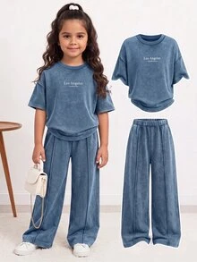SHEIN 少女字母印花圓領短袖T恤與長褲休閒日常套裝 - 藍色 - 查看 1