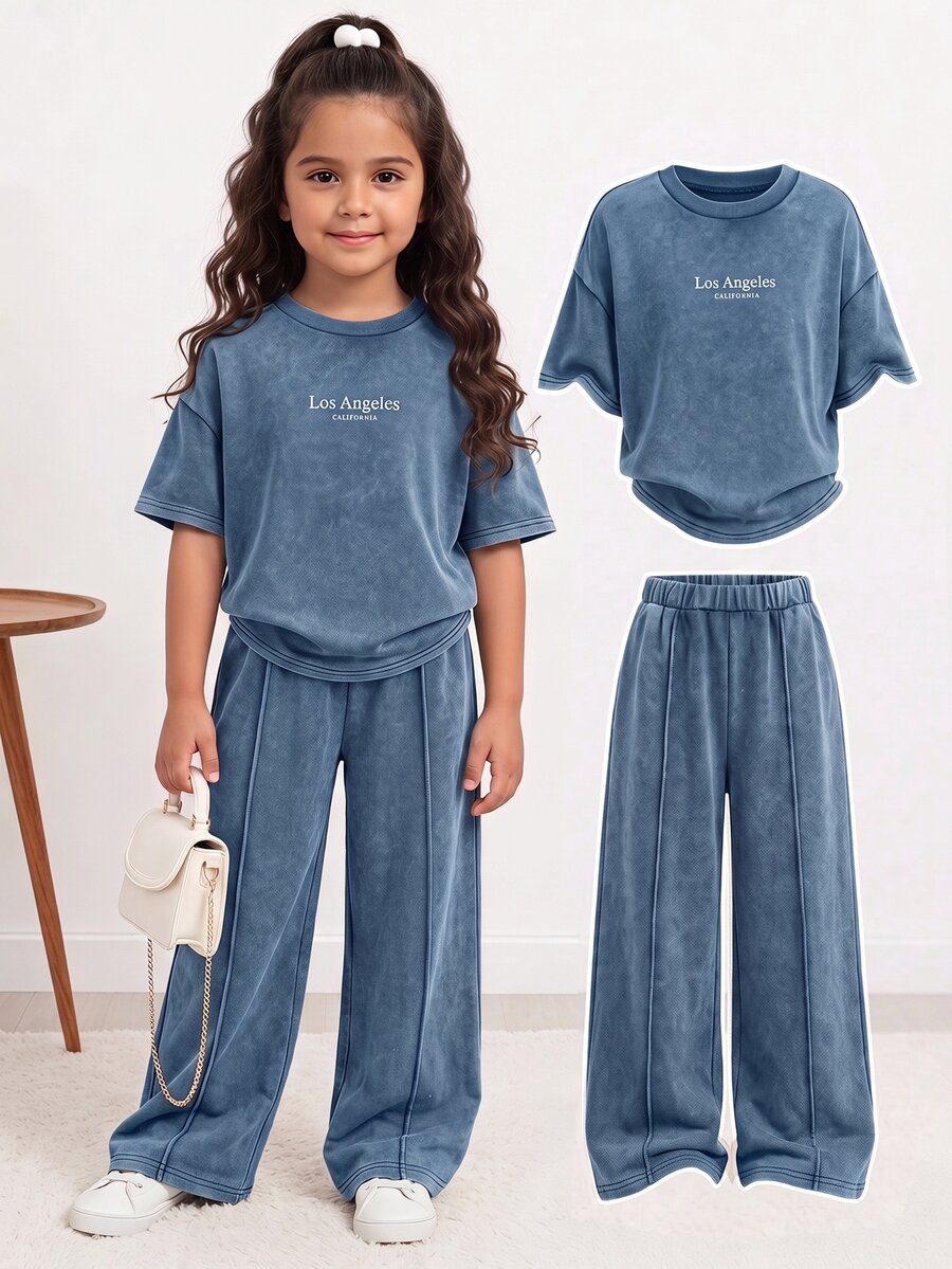 SHEIN 少女字母印花圓領短袖T恤與長褲休閒日常套裝 - 藍色 - 查看 1