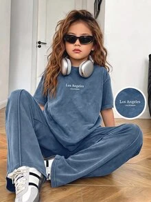 SHEIN 少女字母印花圓領短袖T恤與長褲休閒日常套裝 - 藍色 - 查看 7