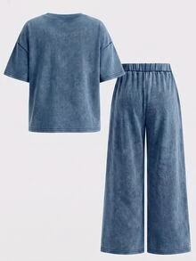 SHEIN 少女字母印花圓領短袖T恤與長褲休閒日常套裝 - 藍色 - 查看 2