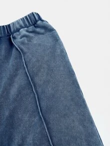 SHEIN 少女字母印花圓領短袖T恤與長褲休閒日常套裝 - 藍色 - 查看 4