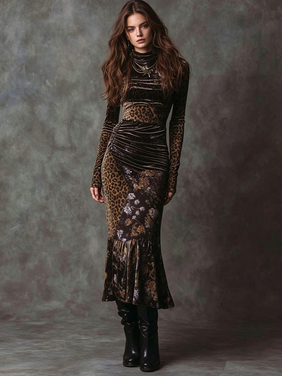 SHEIN Vintage Black & Brown Leopard Print Floral Patchwork Velvet Dress, Retro Wild Vibe, Soft Velvet Fabric, Suitable For Parties, Dates, Evening Events, Elegant Floral Dress, French Style Dress,