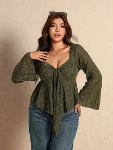 Elaquor Plus Size Women's Front Knot Flared Sleeve Ruffle Hem Fashion Top Fall - Army Green - View 3