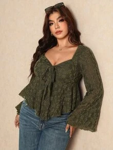 Elaquor Plus Size Women's Front Knot Flared Sleeve Ruffle Hem Fashion Top Fall - Army Green - View 8